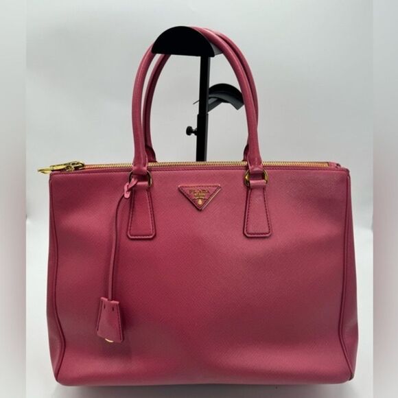 Auth Prada Pink Saffiano Leather Double Zipper Lux Galleria Tote Bag - Picture 2 of 13